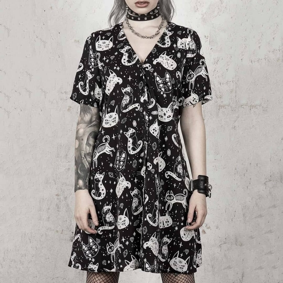 Disturbia Black and Cream Celestial Cat Pattern Midi Dress - Picture 5 of 5